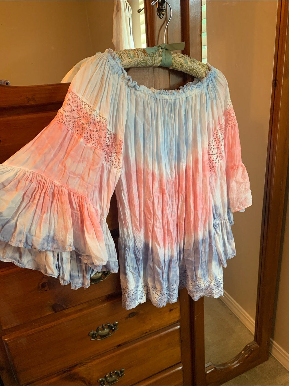 SURF GYPSY White Blue Pink Tie-Dye Boho Peasant Blouse